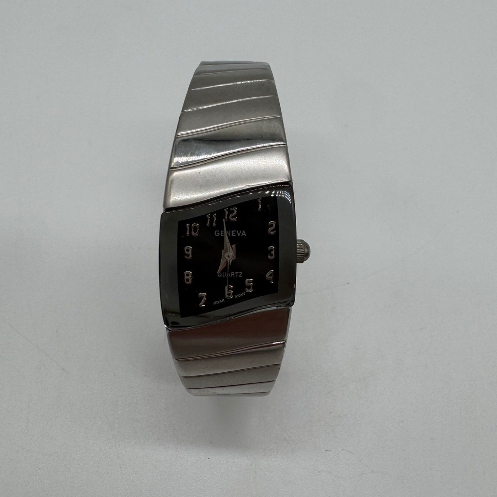 Geneva Womens Quartz Watch Silver Tone Asymmetrical Black Dial needs bat